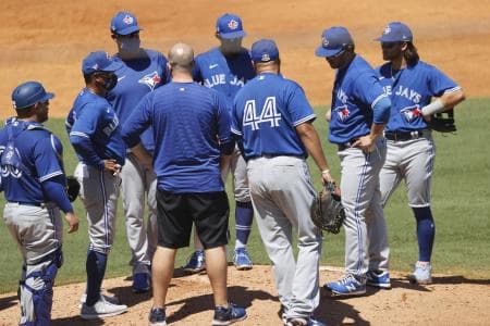 Toronto Blue Jays starting pitcher Anthony Kay (47) is taken out of the game after he got hit by a pitch during the third inning against the New York Yankees at George M. Steinbrenner Field.