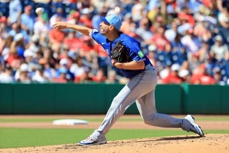 Toronto Blue Jays staring pitcher Max Scherzer (31) throws a pitch during the fourth inning against the Philadelphia Phillies at BayCare Ballpark.