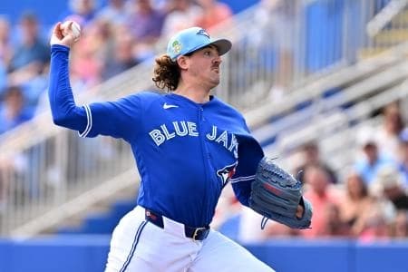 Toronto Blue Jays starting pitcher Kevin Gausman (34) throws a pitch in the first inning against the Florida Marlins during spring training at TD Ballpark
