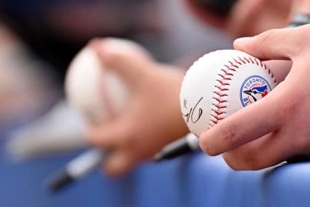 Fans wait for autographs while holding baseballs before the game between the Toronto Blue Jays and the Florida Marlins during spring training at TD Ballpark.