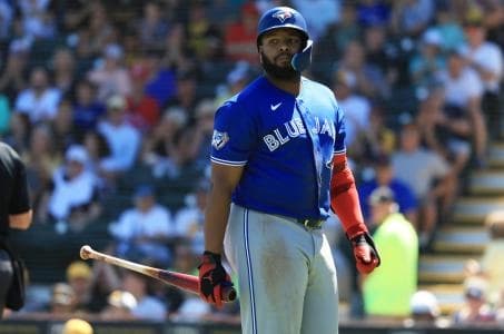 Toronto Blue Jays first baseman Vladimir Guerrero Jr. (27) strikes out during the third inning ]against the Pittsburgh Pirates at LECOM Park.