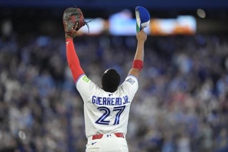 Toronto Blue Jays first baseman Vladimir Guerrero Jr. (27) celebrates a win over the Athletics at Rogers Centre