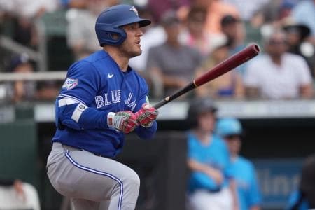 Toronto Blue Jays center fielder Daulton Varsho (5) hits a double that scores two runs in the third inning against the Miami Marlins at Roger Dean Chevrolet Stadium.