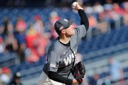 Washington Nationals pitcher Patrick Corbin (46) delivers a throw during the first inning of a baseball game against the Washington Nationals, at Nationals Park