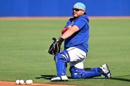 Toronto Blue Jays catcher Alejandro Kirk (30) waits for a drill to start during spring training at Bobby Mattick Training Center at Englebert Complex.