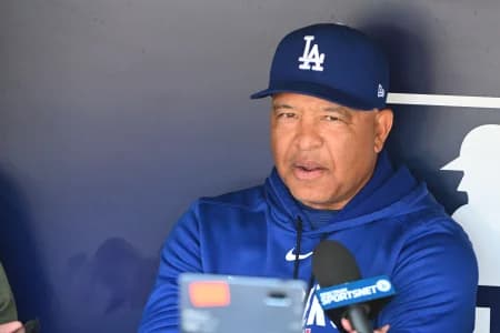 Los Angeles Dodgers manager Dave Roberts (30) talks with the media before the game against the Washington Nationals at Nationals Park.
