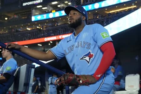 Toronto Blue Jays first baseman Vladimir Guerrero Jr. (27) looks towards the field before the start of the game against the Los Angeles Dodgers at Rogers Centre.