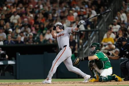 San Francisco Giants second baseman Tyler Fitzgerald (49) hits a one run home run during the eighth inning against the Athletics at Sutter Health Park.