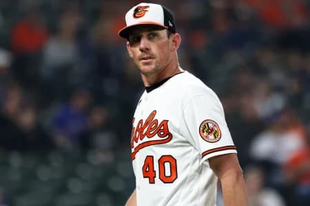 Baltimore Orioles pitcher Chris Bassitt (40) looks on during the fifth inning against the Texas Rangers at Oriole Park at Camden Yards.