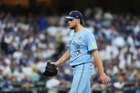 Toronto Blue Jays pitcher Trey Yesavage (39) walks off the mound after the second inning against the Los Angeles Dodgers during game five of the 2025 MLB World Series at Dodger Stadium.