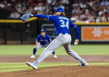Toronto Blue Jays pitcher Kevin Gausman in the first inning against the Arizona Diamondbacks at Chase Field
