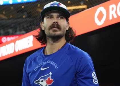 Toronto Blue Jays pitcher Dylan Cease (84) in the dug out before the start of a game against the Minnesota Twins at Rogers Centre.