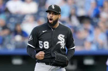 Chicago White Sox pitcher Seranthony Dominguez (58) celebrates after defeating the Kansas City Royals at Kauffman Stadium.