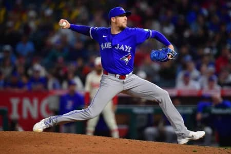 Toronto Blue Jays pitcher Jeff Hoffman (23) throws against the Los Angeles Angels during the ninth inning at Angel Stadium.
