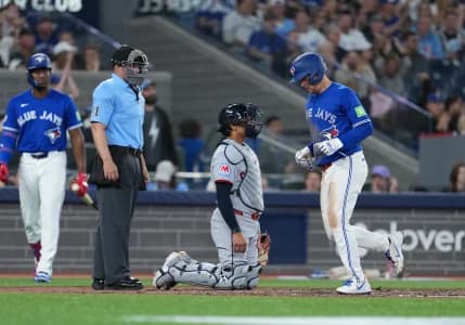 Toronto Blue Jays right fielder Myles Straw (3) scores on a bases loaded walk against the Cleveland Guardians during the seventh inning at Rogers Centre.