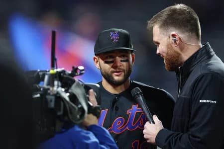 New York Mets shortstop Bo Bichette (19) is interviewed after defeating the Minnesota Twins at Citi Field.