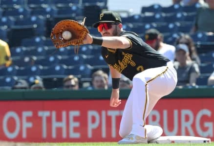 Pittsburgh Pirates first baseman Spencer Horwitz (2) takes a throw at first base to end the eighth inning against the Washington Nationals at PNC Park.