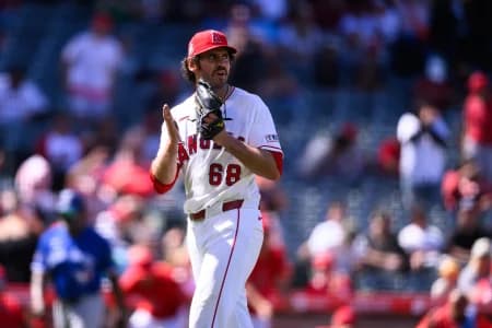 Los Angeles Angels pitcher Jordan Romano (68) reacts after defeating the Toronto Blue Jays at Angel Stadium