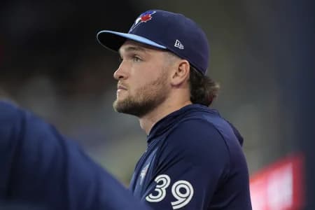 Toronto Blue Jays pitcher Trey Yesavage looks on from the dugout during the sixth inning against the Boston Red Sox at Rogers Centre.