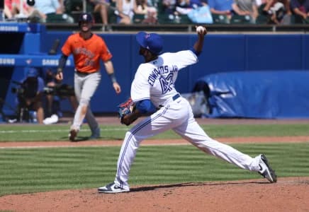 Toronto Blue Jays relief pitcher Carl Edwards Jr. (43) throws a pitch during the seventh inning against the Houston Astros at Sahlen Field.