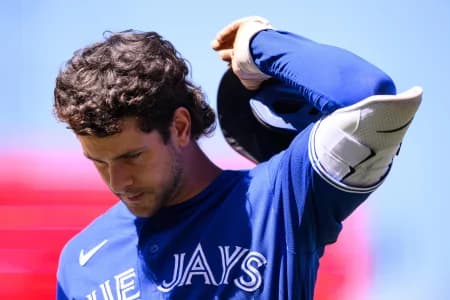 Toronto Blue Jays second baseman Ernie Clement (22) looks on after losing to the Los Angeles Angels at Angel Stadium.