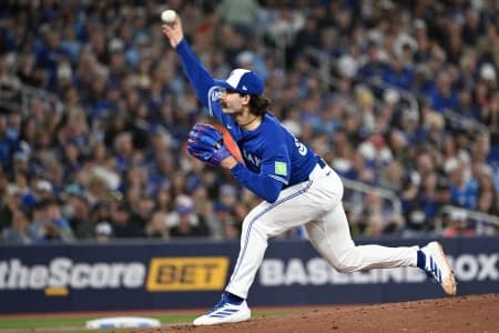 Toronto Blue Jays starting pitcher Dylan Cease (84) delivers a pitch against the Boston Red Sox in the second inning at Rogers Centre.