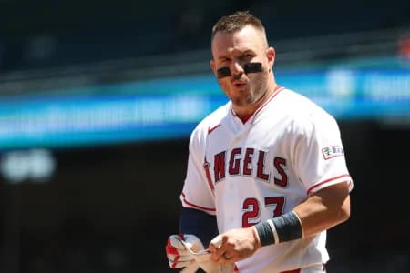 Los Angeles Angels center fielder Mike Trout (27) looks on during the second inning against the Chicago White Sox at Angel Stadium.