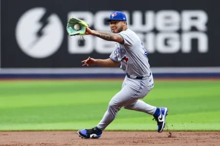 =Toronto Blue Jays second baseman Lenyn Sosa (50) fields the ball against the Tampa Bay Rays in the first inning at Tropicana Field.