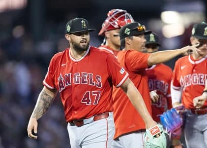 Los Angeles Angels pitcher Alek Manoah reacts after being pulled against the Chicago Cubs during a spring training game at Sloan Park.