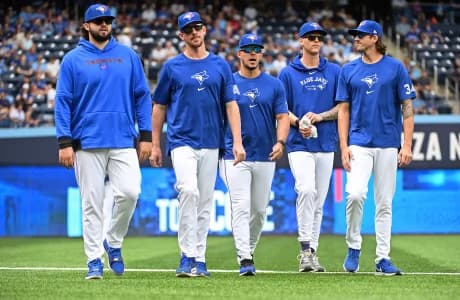 Toronto Blue Jays pitchers (left to right) Alek Manoah and Chris Bassitt and Jose Berrios and Bowden Francis and Kevin Gausman prior to the game against the Oakland Athletics at Rogers Centre.