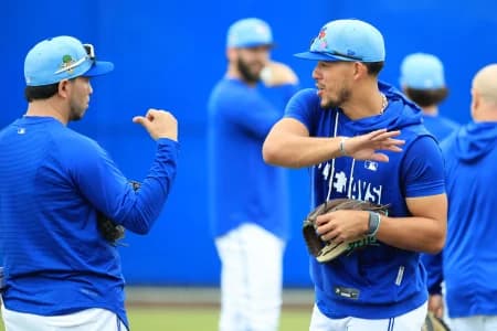 Toronto Blue Jays pitcher Jose Berrios (17) works out for spring training practice at Blue Jays Player Development Complex.