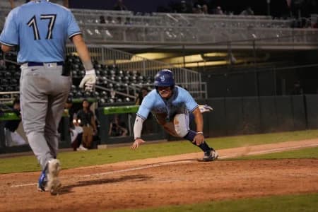 Action as the Fort Myers Mighty Mussels take on the Dunedin Blue Jays at Hammond Stadium on Saturday, Aug. 2, 2025. The Mussels won 3-2 in extra innings.