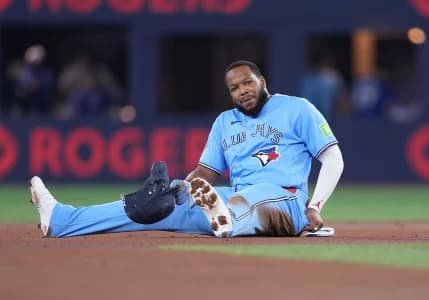 Toronto Blue Jays first baseman Vladimir Guerrero Jr. (27) reacts after being tagged out at second base against the Pittsburgh Pirates during the first inning at Rogers Centre.