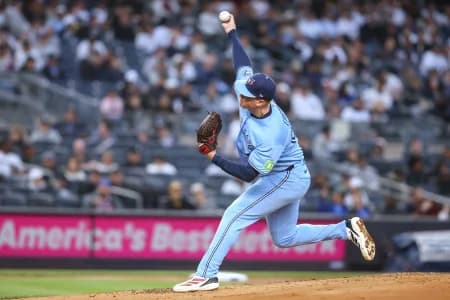 Toronto Blue Jays starting pitcher Braydon Fisher (63) pitches in the first inning against the New York Yankees at Yankee Stadium.