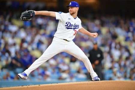 Los Angeles Dodgers pitcher Eric Lauer (33) pitches during the first inning against the Colorado Rockies at Dodger Stadium.