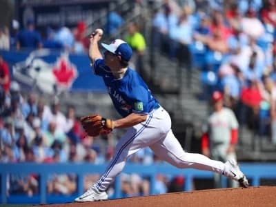 Toronto Blue Jays Chad Dallas throws a pitch against the Philadelphia Phillies in the first inning at TD Ballpark.