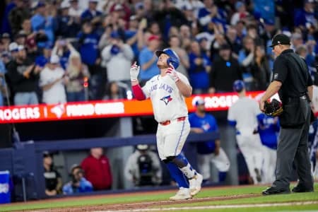 Toronto Blue Jays catcher Alejandro Kirk (30) celebrates hitting a home run against the Athletics during the ninth inning at Rogers Centre.