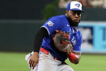 Toronto Blue Jays first baseman Vladimir Guerrero Jr. (27) makes a catch for an out during the sixth inning against the Baltimore Orioles at Oriole Park at Camden Yards.