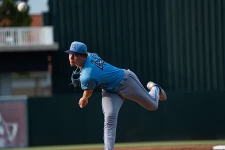 Johnny King, a pitcher for the Dunedin Blue Jays pitches against the Fort Myers Mighty Mussels at Hammond Stadium on Saturday, Aug. 2, 2025. King is a Naples High School alum and two time baseball player of the year.