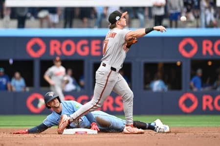 Baltimore Orioles second baseman Jackson Holliday (7) throws to first base but cannot turn a double play after forcing out Toronto Blue Jays second baseman Ernie Clement (22) in the second inning at Rogers Centre.