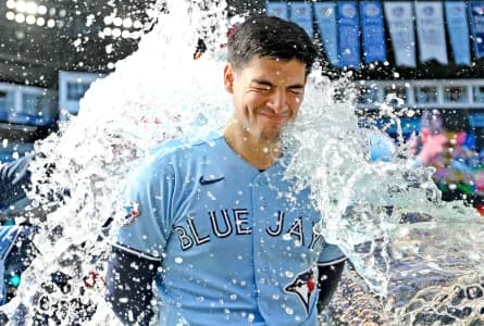 Toronto Blue Jays catcher Brandon Valenzuela (59) is doused in ice water as the Blue Jays celebrate a win over the Baltimore Orioles at Rogers Centre.
