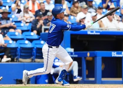 Toronto Blue Jays first baseman Riley Tirotta (87) doubles during the fifth inning ]against the Detroit Tigers at TD Ballpark