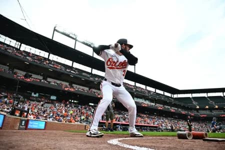 Baltimore Orioles designated hitter Taylor Ward (3) stands in the on deck circle during the first inning against the Seattle Mariners at Oriole Park at Camden Yards.