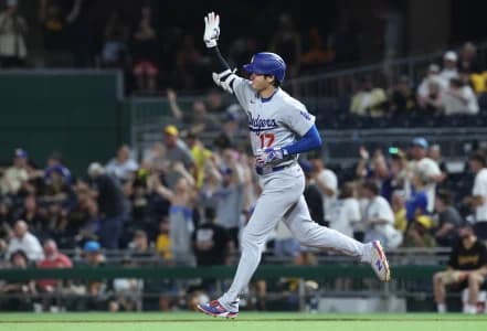 Los Angeles Dodgers designated hitter Shohei Ohtani (17) circles the bases on a two run home run against the Pittsburgh Pirates during the ninth inning at PNC Park.