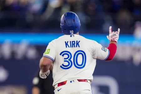 Toronto Blue Jays catcher Alejandro Kirk (30) celebrates hitting a home run against the Athletics during the ninth inning at Rogers Centre.
