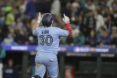 Toronto Blue Jays catcher Alejandro Kirk (30) celebrates after hitting a three-run home run in the sixth inning against the Seattle Mariners during game three of the ALCS round for the 2025 MLB playoffs at T-Mobile Park