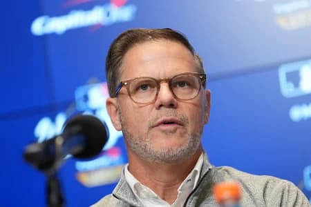 Toronto Blue Jays executive vice president and general manager Ross Atkins speaks to the media before game one of the 2025 MLB World Series against the Los Angeles Dodgers at Rogers Centre.