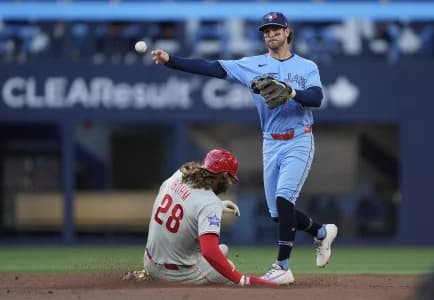Toronto Blue Jays second baseman Ernie Clement (22) turns a double play at second base against Philadelphia Phillies third baseman Alec Bohm (28) and catcher J.T. Realmuto (10) during the second inning at Rogers Centre