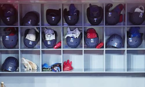 A general view of he Toronto Blue Jays players helmets in the dugout during batting practice before a game against the Minnesota Twins at Rogers Centre