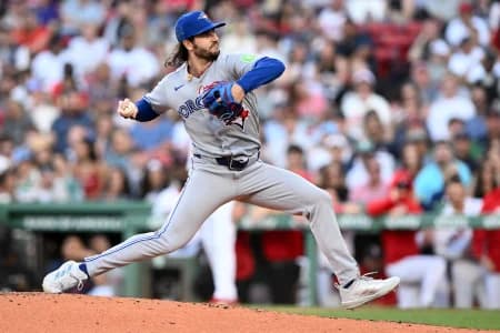 Toronto Blue Jays pitcher Dylan Cease (84) pitches against the Boston Red Sox during the first inning at Fenway Park.